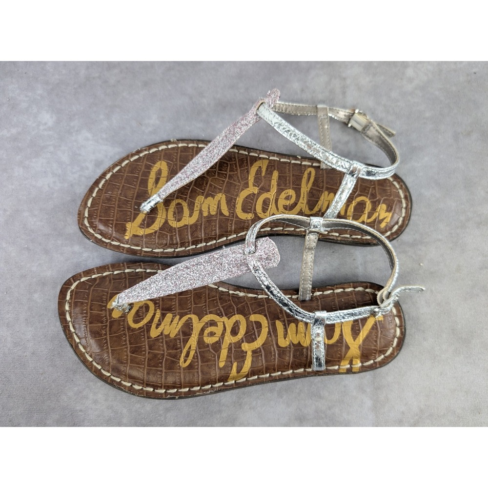 Sam Edelman Gigi Mini Lilac Glitter Silver Metallic T-Strap Sandals 4 Big Kid